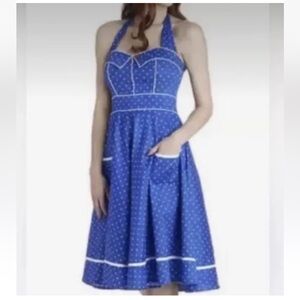 Hell Bunny Vixen Blue White Polka Dot Halter Swing Dress Size Large